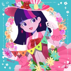 Size: 1274x1274 | Tagged: safe, artist:efuji_d, imported from derpibooru, twilight sparkle, equestria girls, bow, clothes, dress, ear piercing, earring, easter egg, female, flag, flower, hat, jewelry, open mouth, open smile, piercing, smiling, solo