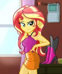 Size: 954x1130 | Tagged: safe, artist:tabrony23, imported from derpibooru, sunset shimmer, equestria girls, annoyed, bare shoulders, bedroom eyes, boots, breasts, busty sunset shimmer, clothes, confused, female, high heel boots, looking at you, patreon, patreon exclusive, patreon logo, sexy, shoes, show accurate, skirt, sleeveless, solo, stupid sexy sunset shimmer, window