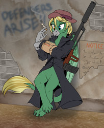 Size: 1470x1800 | Tagged: safe, artist:redahfuhrerking, imported from derpibooru, oc, oc:arcturus aquila, griffon, fallout equestria, assault rifle, cigarette, gun, heterochromia, pipbuck, rifle, solo, weapon