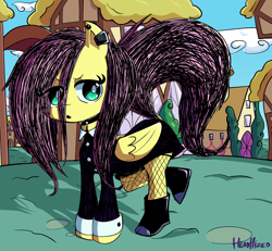 Size: 2162x2000 | Tagged: safe, artist:headhazed, imported from derpibooru, fluttershy, pegasus, pony, anatomically incorrect, cloud, day, dock, ear piercing, eye clipping through hair, eyebrows, eyebrows visible through hair, eyelashes, feathered wings, female, folded wings, goth, hoof shoes, mare, outdoors, piercing, ponyville, pouting, raised tail, sky, solo, tail, wings