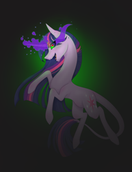 Size: 1748x2260 | Tagged: safe, artist:germanloh, imported from derpibooru, twilight sparkle, pony, unicorn, corrupted, corrupted twilight sparkle, curved horn, female, horn, leonine tail, mare, rearing, smiling, solo, sombra eyes, tail, unicorn twilight