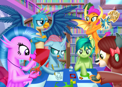 Size: 3500x2500 | Tagged: safe, artist:leonkay, imported from derpibooru, gallus, ocellus, sandbar, silverstream, smolder, yona, changedling, changeling, classical hippogriff, dragon, griffon, hippogriff, pony, yak, bookshelf, crossed arms, dragoness, drawing, female, flying, frown, high res, library, male, open mouth, open smile, paper, school of friendship, scissors, smiling, smirk, spread wings, stallion, student six, tongue out, wings