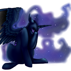 Size: 1000x1000 | Tagged: safe, artist:modharvest, imported from derpibooru, nightmare moon, alicorn, pony, blue eyes, blue mane, crying, ethereal mane, feather, female, flowing mane, flowing tail, horn, mare, sad, simple background, sitting, solo, spread wings, starry mane, tail, transparent background, wings