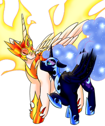 Size: 500x600 | Tagged: safe, artist:modharvest, imported from derpibooru, daybreaker, nightmare moon, alicorn, pony, blue eyes, ethereal mane, female, flowing mane, flowing tail, gem, hoof shoes, horn, jewelry, looking at each other, looking at someone, mane of fire, mare, orange eyes, peytral, raised hoof, royal sisters, siblings, simple background, sisters, starry mane, tail, transparent background, wings