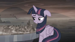 Size: 3410x1920 | Tagged: safe, imported from derpibooru, screencap, twilight sparkle, alicorn, pony, season 5, the cutie re-mark, alternate timeline, ashlands timeline, barren, cutie map, female, floppy ears, high res, implied genocide, mare, post-apocalyptic, solo, twilight sparkle (alicorn), wasteland