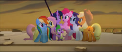Size: 4094x1740 | Tagged: safe, imported from derpibooru, screencap, applejack, fluttershy, pinkie pie, rainbow dash, rarity, spike, twilight sparkle, alicorn, dragon, earth pony, pegasus, pony, unicorn, my little pony: the movie, applejack's hat, bipedal, butt, cowboy hat, female, hat, high res, male, mane seven, mane six, mare, open mouth, open smile, plot, smiling, twilight sparkle (alicorn)