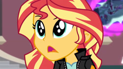 Size: 3410x1920 | Tagged: safe, imported from derpibooru, screencap, sunset shimmer, equestria girls, friendship games, canterlot high, clothes, female, high res, jacket, leather, leather jacket, open mouth, solo