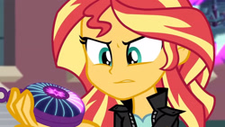 Size: 3410x1920 | Tagged: safe, imported from derpibooru, screencap, sunset shimmer, equestria girls, friendship games, canterlot high, clothes, female, high res, jacket, leather, leather jacket, magic capture device, solo