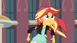 Size: 3410x1920 | Tagged: safe, imported from derpibooru, screencap, sunset shimmer, equestria girls, friendship games, canterlot high, clothes, female, high res, jacket, leather, leather jacket, magic capture device, solo