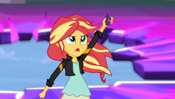 Size: 3410x1920 | Tagged: safe, imported from derpibooru, screencap, sunset shimmer, equestria girls, friendship games, clothes, female, high res, jacket, leather, leather jacket, magic capture device, open mouth, solo