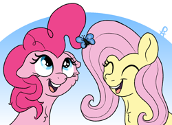 Size: 1162x847 | Tagged: safe, artist:doodledonutart, imported from derpibooru, fluttershy, pinkie pie, butterfly, earth pony, pegasus, pony, duo, floppy ears, gradient background, smiling