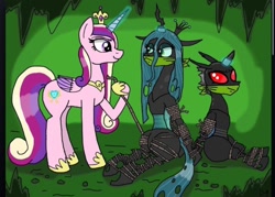 Size: 720x516 | Tagged: safe, artist:tenorjoane, edit, imported from derpibooru, princess cadance, queen chrysalis, alicorn, changeling, angry, bondage, bound and gagged, cave, cloth gag, evil grin, gag, glare, grin, revenge, smiling, smirk, tied up