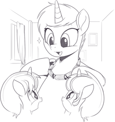 Size: 1182x1260 | Tagged: safe, artist:nauyaco, imported from derpibooru, oc, oc only, pony, unicorn, colt, female, foal, jewelry, male, mare, monochrome, necklace