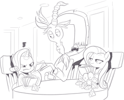 Size: 1470x1187 | Tagged: safe, artist:nauyaco, imported from derpibooru, discord, fluttershy, rarity, pegasus, pony, unicorn, bowtie, card, chair, clothes, crystal, female, frustrated, magic, male, mare, monochrome, smugshy, suit, table