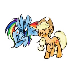 Size: 858x788 | Tagged: safe, artist:laya-21, imported from derpibooru, applejack, rainbow dash, earth pony, pegasus, pony, appledash, cheek kiss, female, kissing, lesbian, shipping, simple background, white background