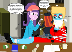 Size: 3500x2500 | Tagged: safe, artist:robukun, imported from derpibooru, suri polomare, oc, oc:rougher, oc:tatiana, equestria girls, bondage, book, bound and gagged, cloth gag, criminal, criminal scum, desk, evil grin, gag, grin, happy, hostage, lidded eyes, looking at each other, money, mug, paper, paperwork, pencil, robbery, sexy, shelf, smiling, smiling at each other, smirk, tied to chair, tied up