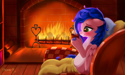 Size: 2000x1200 | Tagged: safe, artist:darksly, imported from derpibooru, oc, oc only, pegasus, pony, belly button, blanket, blushing, chair, cloven hooves, commission, female, fire, fireplace, floppy ears, indoors, lidded eyes, mare, mug, pillow, sitting, smiling, solo, two toned coat