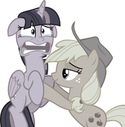 Size: 2337x2378 | Tagged: safe, alternate version, artist:frownfactory, artist:wardex101, edit, imported from derpibooru, applejack, twilight sparkle, alicorn, earth pony, pony, the beginning of the end, carrying, crying, discorded, discorded applejack, discorded twilight, faic, female, hat, heavy breathing, holding, horn, liarjack, mare, shocked, simple background, smiling, transparent background, twilight sparkle (alicorn), twilight tragedy, twilighting, vector, wings