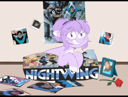 Size: 1060x800 | Tagged: safe, artist:higgly-chan, imported from derpibooru, oc, oc only, oc:mio, earth pony, human, pony, batman, blushing, comic book, dc comics, dick grayson, female, flower, grin, mare, markings, nightwing, pillow, poster, robin (dc comics), rose, simp, smiling, solo