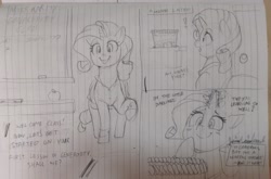 Size: 3488x2304 | Tagged: safe, artist:sirmasterdufel, imported from derpibooru, part of a set, rarity, pony, unicorn, cake, clothes, comic, dialogue, female, food, glowing, glowing horn, horn, lined paper, mare, open mouth, open smile, part of a series, raised hoof, school, shirt, sketch, smiling, teacher, this will end in weight gain, traditional art, weight gain sequence