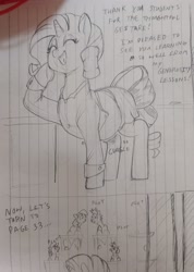Size: 2304x3227 | Tagged: safe, artist:sirmasterdufel, imported from derpibooru, part of a set, rarity, pony, unicorn, clothes, comic, dialogue, eyes closed, female, lined paper, mare, open mouth, open smile, part of a series, school, shirt, sketch, skirt, smiling, stomach noise, teacher, traditional art, weight gain, weight gain sequence