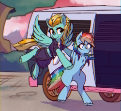 Size: 1200x1100 | Tagged: safe, artist:provolonepone, imported from derpibooru, lightning dust, rainbow dash, pegasus, pony, arm behind back, arrested, bipedal, chest fluff, clothes, commission, duo, midriff, never doubt rainbowdash69's involvement, officer ld, police uniform, prisoner rd, van