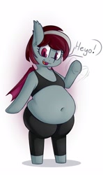 Size: 1920x3240 | Tagged: safe, artist:andesblorps, imported from derpibooru, oc, oc only, bat pony, semi-anthro, belly, belly button, bipedal, commission, dialogue, fat, female, looking at you, mare, open mouth, open smile, smiling, smiling at you, solo, speech bubble, underhoof, waving, ych result