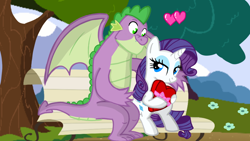 Size: 1280x720 | Tagged: safe, artist:mlplary6, imported from derpibooru, rarity, spike, dragon, pony, unicorn, bench, female, heart, looking at each other, male, mare, older, older spike, shipping, smiling, smiling at each other, sparity, straight