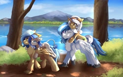 Size: 1920x1200 | Tagged: safe, artist:lunar froxy, imported from derpibooru, oc, oc only, oc:delta dart, oc:rewind, hippogriff, pony, unicorn, commission, female, group, leonine tail, male, mare, mountain, scenery, smiling, tail, water