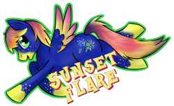 Size: 2830x1732 | Tagged: safe, artist:whipstitch, imported from derpibooru, oc, oc only, oc:sunset flare, pegasus, badge, cmyk, colored wings, flying, looking back, multicolored wings, pegasus oc, simple background, solo, transparent background, wings