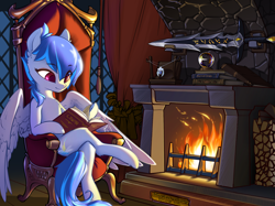 Size: 2732x2048 | Tagged: safe, artist:blue ink, imported from derpibooru, oc, oc only, oc:valor compassion, pegasus, book, chair, fire, fireplace, pegasus oc, solo, sword, weapon, window