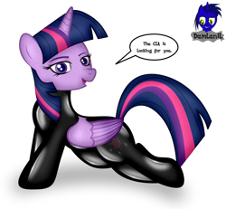 Size: 4154x3840 | Tagged: safe, artist:damlanil, imported from derpibooru, twilight sparkle, alicorn, pony, bodysuit, bottomless, catsuit, cia, clothes, comic, cute, female, horn, latex, latex suit, looking at you, mare, open mouth, partial nudity, rubber, shiny, simple background, smiling, solo, speech bubble, stretching, suit, talking, talking to viewer, text, transparent background, twilight sparkle (alicorn), vector, wings