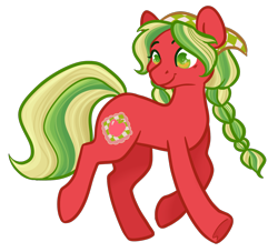 Size: 1280x1164 | Tagged: safe, artist:howdyhorsey, imported from derpibooru, applejack (g3), earth pony, pony, bandana, blonde mane, braid, clothes, fanart, g3, gradient eyes, green eyes, green mane, headscarf, multicolored mane, red coat, scarf, simple background, solo, transparent background, walking