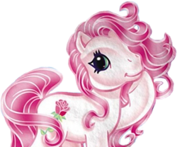 Size: 849x706 | Tagged: safe, imported from derpibooru, desert rose, earth pony, pony, cropped, flower, flowing mane, g3, green eyes, hoof on chin, official, pink hair, pink mane, pose, rose, simple background, solo, transparent background, white coat