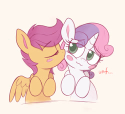 Size: 1486x1358 | Tagged: safe, artist:kqaii, imported from derpibooru, scootaloo, sweetie belle, pegasus, pony, unicorn, :3, blush sticker, blushing, cheek kiss, cute, cutealoo, diasweetes, duo, duo female, eye clipping through hair, eyebrows, eyebrows visible through hair, eyes closed, female, filly, foal, kissing, lesbian, lidded eyes, scootabelle, shipping, smiling, spread wings, unf, wings