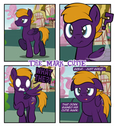 Size: 1920x2136 | Tagged: safe, artist:alexdti, imported from derpibooru, oc, oc only, oc:dark purple, oc:purple creativity, pegasus, pony, comic:the dark purple, 4 panel comic, comic, cutie mark, cutiespark, dialogue, floppy ears, folded wings, gritted teeth, high res, hooves, house, lidded eyes, male, open mouth, outdoors, partially open wings, pegasus oc, question mark, raised eyebrow, raised hoof, raised leg, rule 63, shadow, shrunken pupils, solo, speech bubble, stallion, statue, tail, walking, wavy mouth, wings