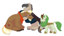 Size: 1280x732 | Tagged: safe, artist:itstechtock, imported from derpibooru, oc, oc:emerald grove, oc:stoutheart, oc:waxing lyrical, bat pony, earth pony, kirin, crying, male, simple background, stallion, transparent background