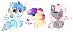 Size: 2895x1282 | Tagged: safe, artist:moccabliss, imported from derpibooru, oc, oc only, oc:dust bunny, oc:raindance glow, oc:sunny skies, pegasus, pony, unicorn, female, mare, offspring, parent:rainbow dash, parent:sunburst, parents:derpypie, parents:rainbowburst, simple background, white background