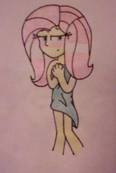 Size: 377x563 | Tagged: safe, artist:imtailsthefoxfan, imported from derpibooru, fluttershy, equestria girls, blushing, embarrassed, embarrassed body exposure, female, solo, towel, traditional art