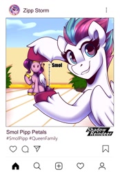 Size: 1200x1720 | Tagged: safe, artist:shadowreindeer, imported from derpibooru, pipp petals, zipp storm, pegasus, pony, cellphone, confused, female, forced perspective, g5, grin, mare, meme, phone, pipp is short, question mark, siblings, sisters, smiling, smol, unshorn fetlocks