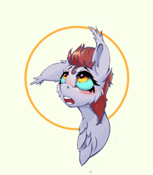 Size: 1868x2145 | Tagged: safe, artist:i love hurt, imported from derpibooru, oc, oc only, oc:naif tail, bat pony, bust, chest fluff, female, looking up, mare, nimbus, one ear down, portrait, red hair, simple background, solo