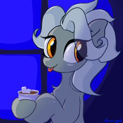 Size: 1200x1200 | Tagged: safe, artist:memengla, imported from derpibooru, oc, oc:silver needles, earth pony, pony, drink, eye clipping through hair, solo, tongue out