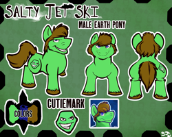 Size: 3545x2836 | Tagged: safe, artist:sjru st, imported from derpibooru, oc, oc only, oc:salty jet ski, earth pony, blue eyes, brown mane, earth pony oc, green background, male, rear view, reference sheet, simple background, smiling, solo, stallion, tail, text