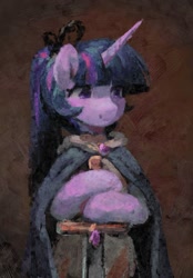Size: 716x1031 | Tagged: safe, artist:orchidpony, imported from derpibooru, twilight sparkle, pony, unicorn, alternate hairstyle, bust, cape, clothes, holding, painting, ponytail, portrait, pose, solo, sword, unicorn twilight, weapon