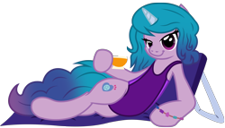 Size: 6302x3604 | Tagged: safe, artist:ejlightning007arts, imported from derpibooru, izzy moonbow, semi-anthro, unicorn, bedroom eyes, bench, bikini, bracelet, clothes, cup, g5, jewelry, leotard, my little pony: a new generation, one-piece swimsuit, pose, sexy, simple background, solo, swimsuit, teacup, transparent background, vector