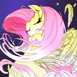 Size: 800x800 | Tagged: safe, artist:zat, imported from derpibooru, fluttershy, pegasus, pony, eyes closed, feather, feathered wings, female, gradient background, mare, solo, wings