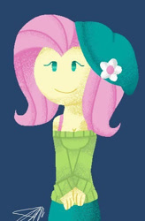 Size: 316x483 | Tagged: safe, artist:imtailsthefoxfan, imported from derpibooru, fluttershy, equestria girls, blue background, clothes, female, hat, simple background, smiling, solo