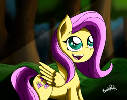 Size: 3300x2600 | Tagged: safe, artist:moonlightatlm, imported from derpibooru, fluttershy, pegasus, pony, female, forest, mare, open mouth, open smile, signature, smiling, solo