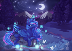 Size: 4096x2896 | Tagged: safe, artist:cutepencilcase, imported from derpibooru, princess luna, alicorn, pony, crescent moon, female, flower, freckles, log, mare, moon, mountain, night, scenery, smiling, solo