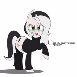 Size: 3000x3000 | Tagged: safe, artist:bestponies, imported from derpibooru, oc, oc only, oc:diamond horseshoe, pony, unicorn, clothes, cute, dialogue, eyelashes, female, glasses, horn, looking at you, mare, open mouth, open smile, simple background, smiling, socks, solo, sweater, yellow eyes